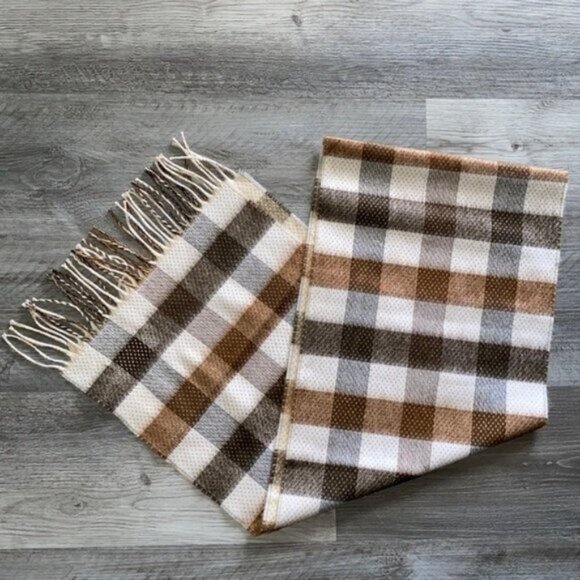 Cashmere Blend Knit Scarf Fringe Womens 12” x 64” Plaid Cream Brown Tan Lux $175 - Picture 2 of 3